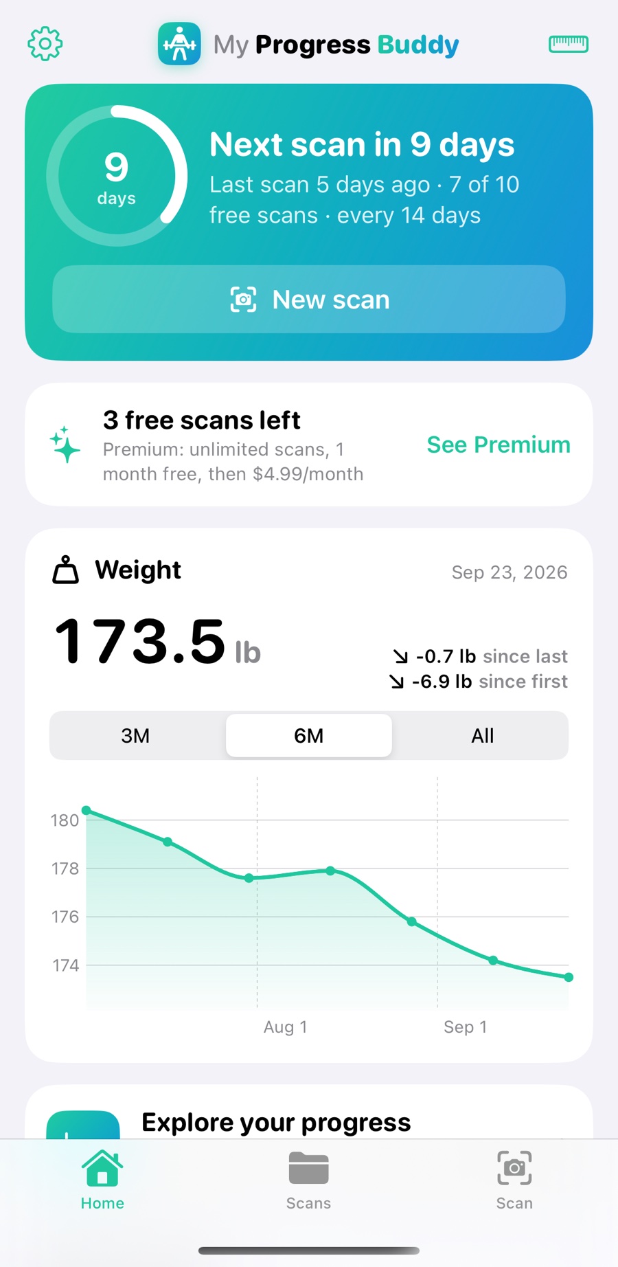 My Progress Buddy iPhone app home screen: next body scan in 9 days and a weight chart trending down